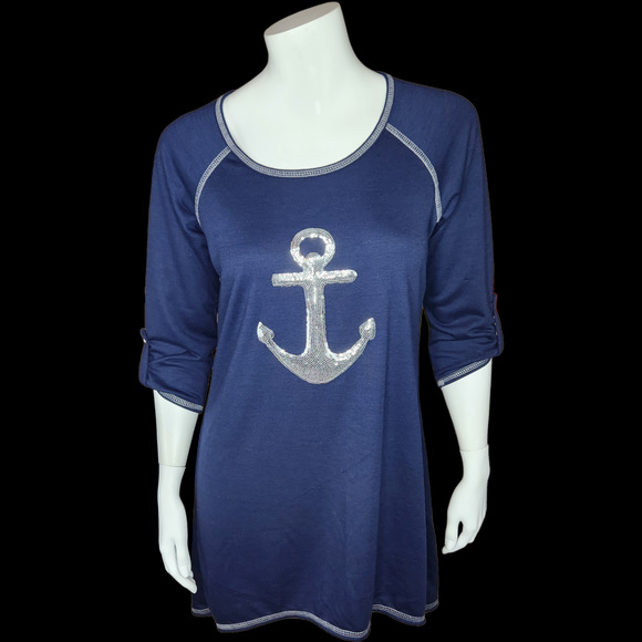 Lily Bleu Beach Navy Anchor Beach Cover-Up Womens M Sequin Rolled Sleeves TShirt - Picture 1 of 10
